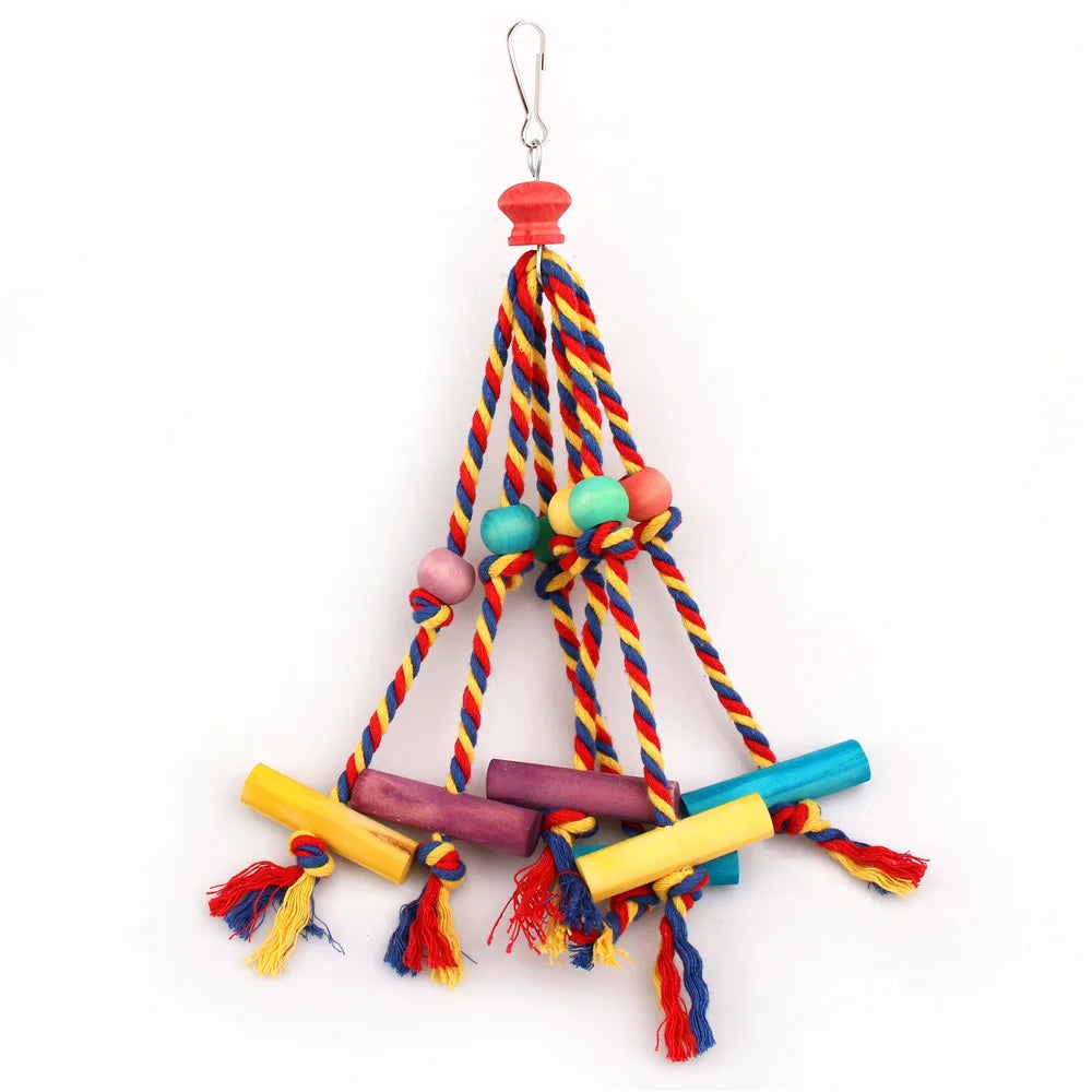 Wood Bird Chewing Toy With Cotton Rope Parrots Training