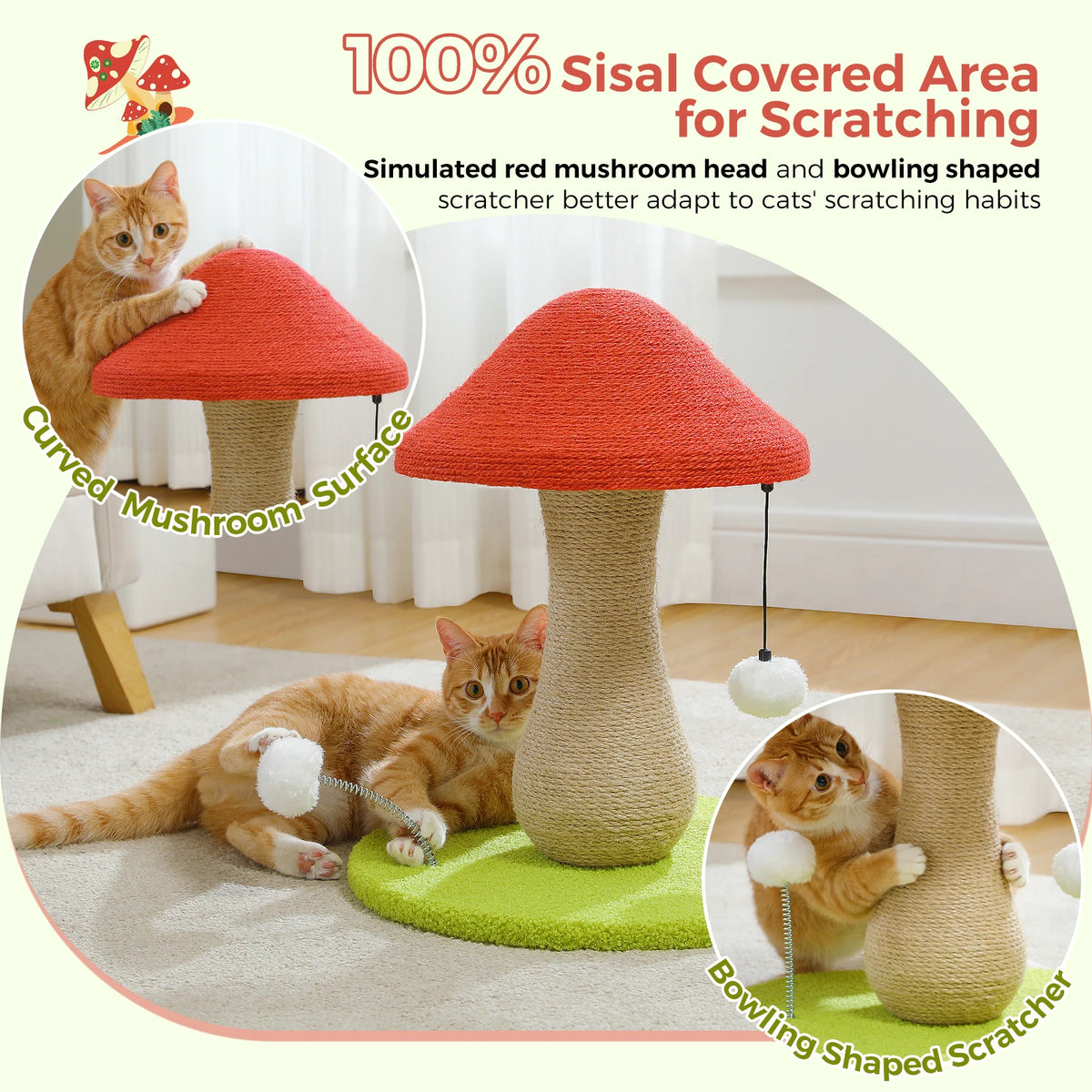 PAWZ Road Mushroom Cat Scratcher With Sisal And Pompom Toy