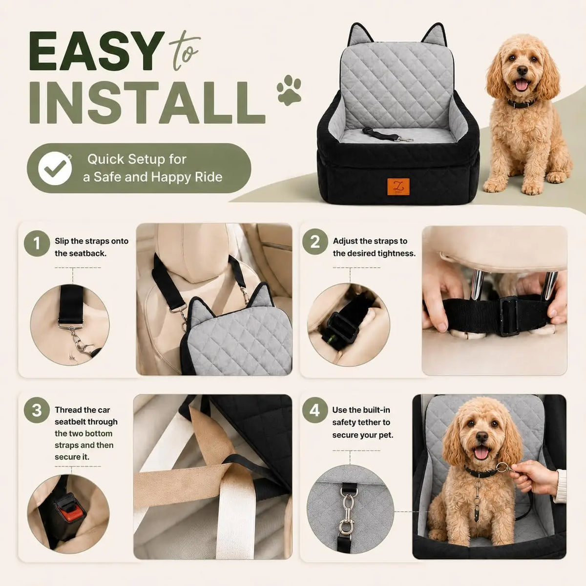 Elevated Pet Car Seat With Safety Belt And Washable Cover