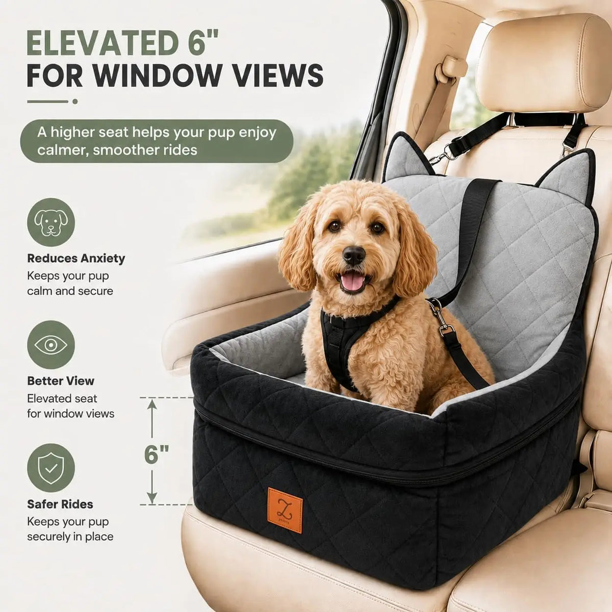 Elevated Pet Car Seat With Safety Belt And Washable Cover