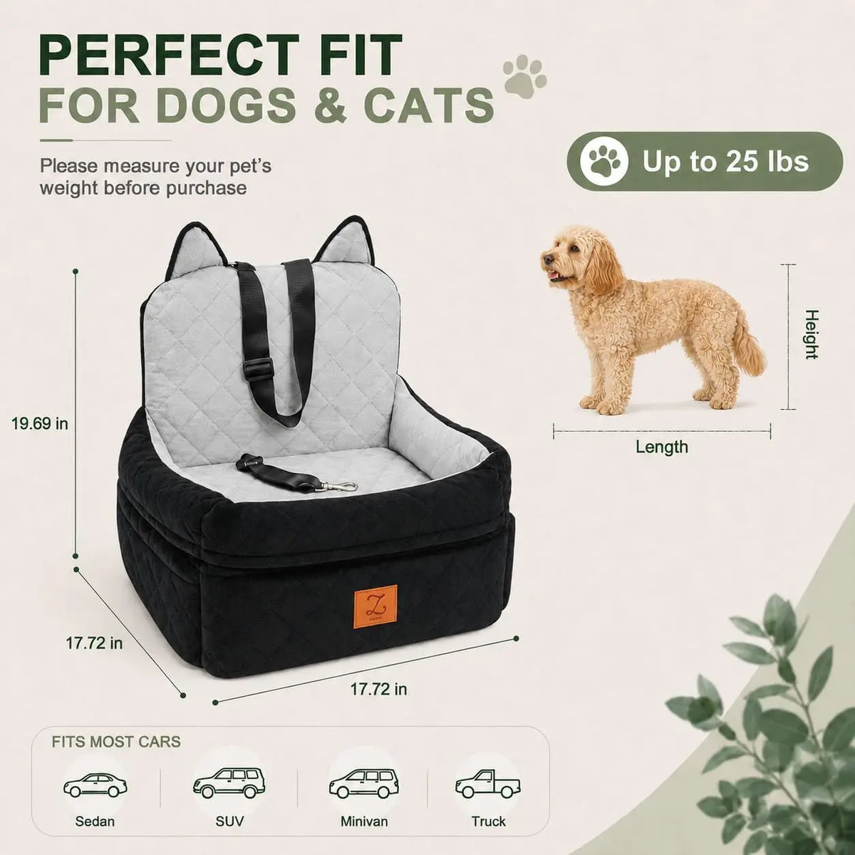 Elevated Pet Car Seat With Safety Belt And Washable Cover