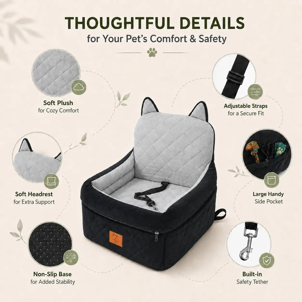 Elevated Pet Car Seat With Safety Belt And Washable Cover