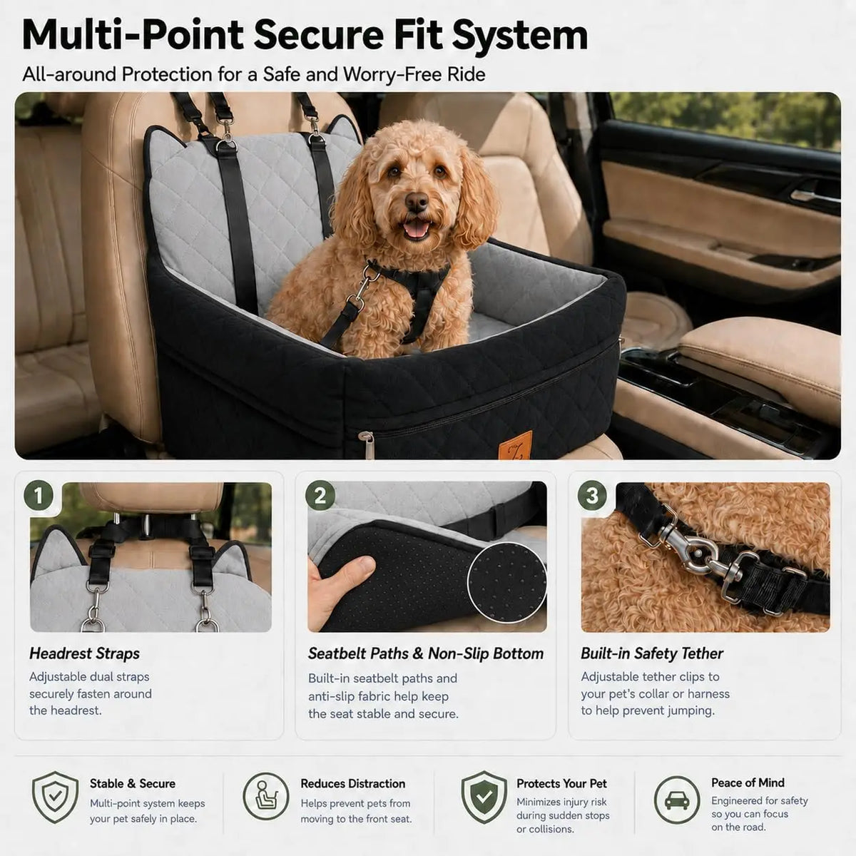 Elevated Pet Car Seat With Safety Belt And Washable Cover