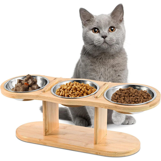 PETRAVEL TiltedAngle Raised CatFeeder With Triple Premium StainlessSteel Bowls System
