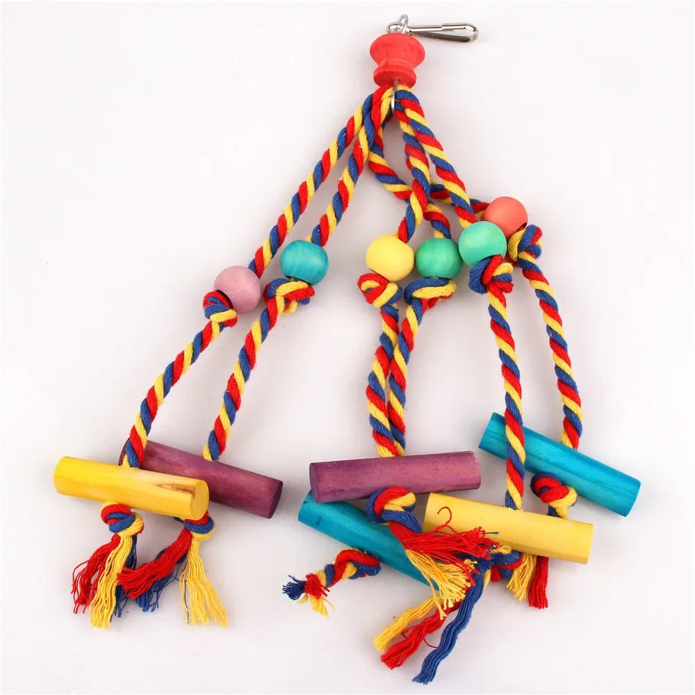 Wood Bird Chewing Toy With Cotton Rope Parrots Training