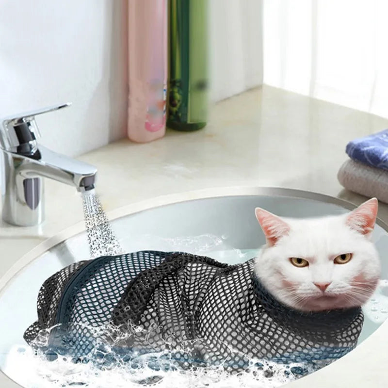 Mesh Cat Groom Bath Bag Adjustable Restraint