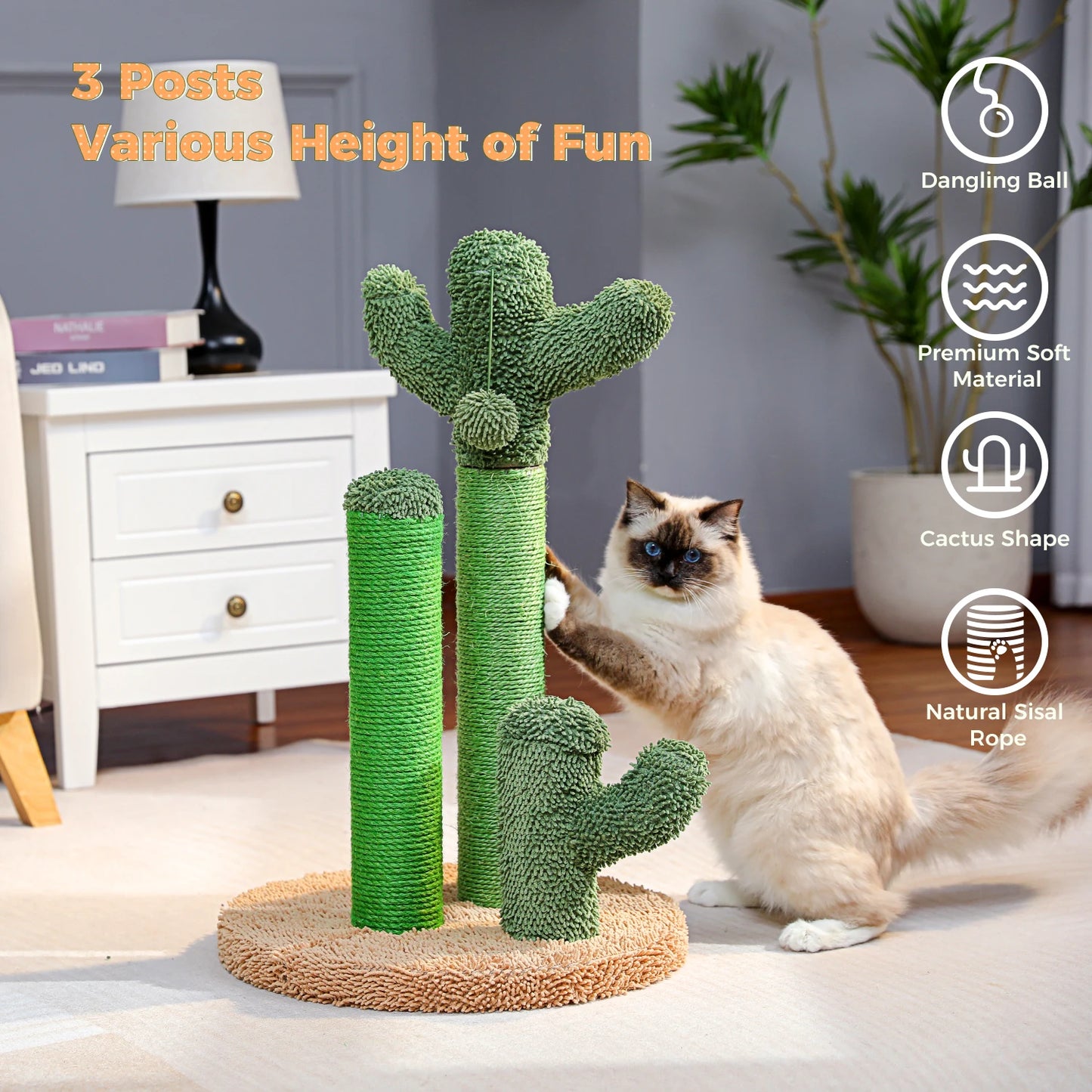 Cactus Cat Scratcher Post With 3 Scratching Poles