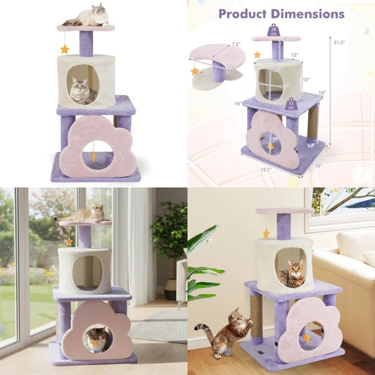 Cat Tree With Condo Scratching Post And Hanging Toys
