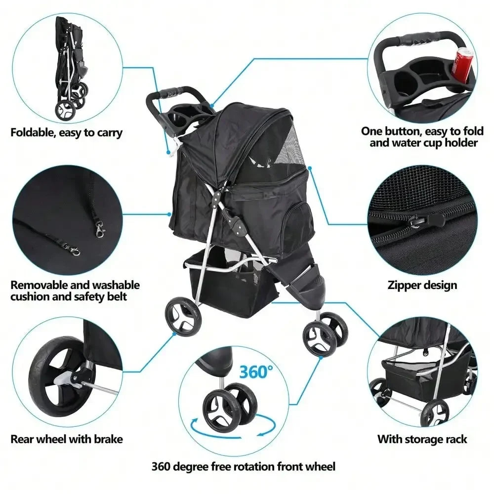 Dog Stroller 3 Wheels Foldable Carrier With Cup Holder