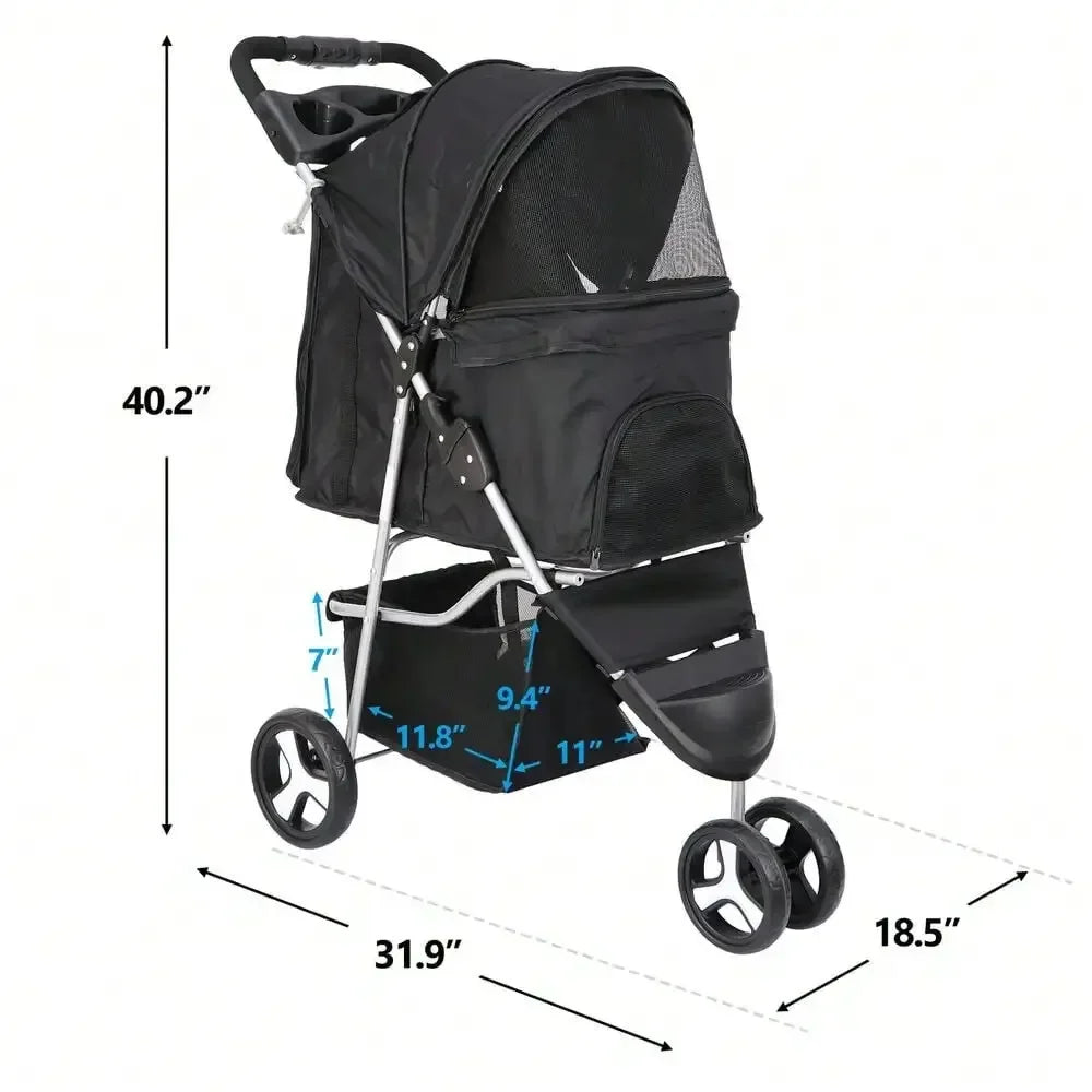 Dog Stroller 3 Wheels Foldable Carrier With Cup Holder
