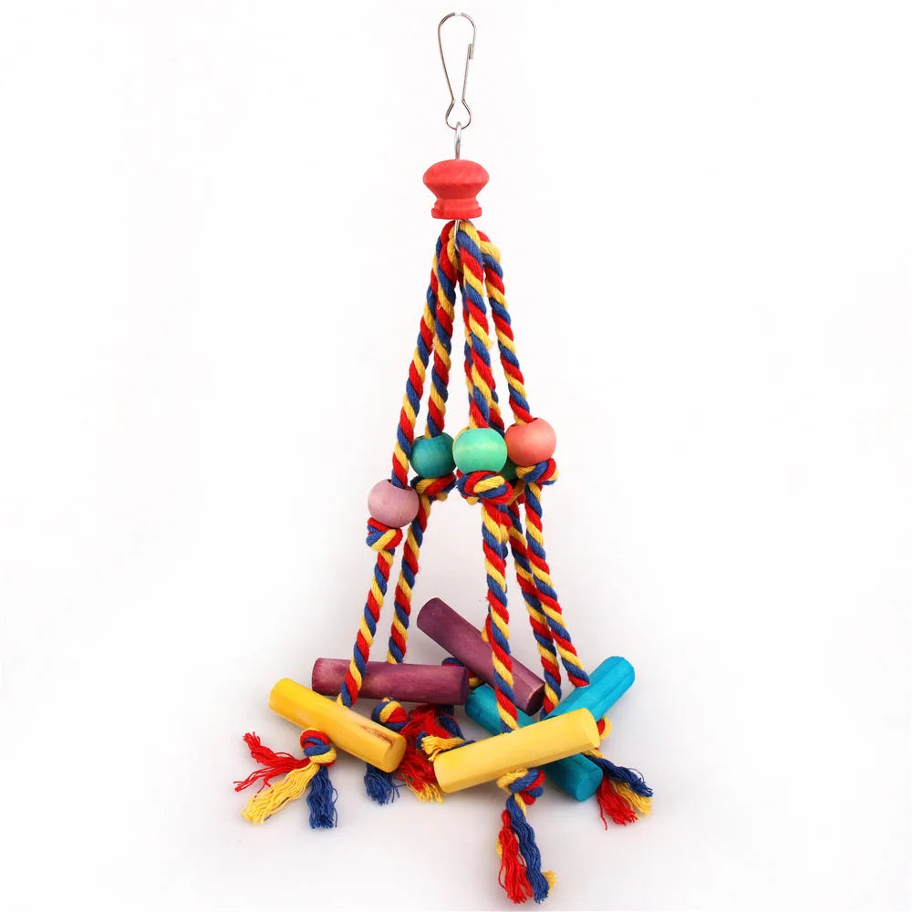 Wood Bird Chewing Toy With Cotton Rope Parrots Training