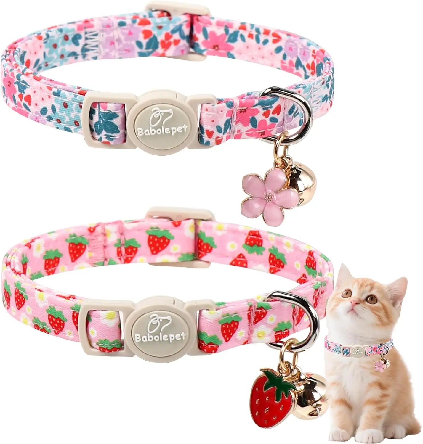 Two Pack Cotton Cat Collars With Bell Strawberry Flower Pendant