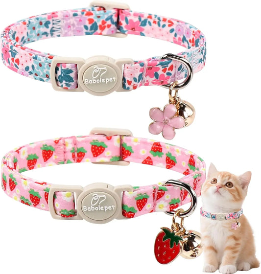 Two Pack Cotton Cat Collars With Bell Strawberry Flower Pendant