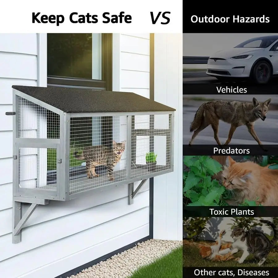 Indoor Cat Catio Window Box Enclosure Expandable Wooden Perch House