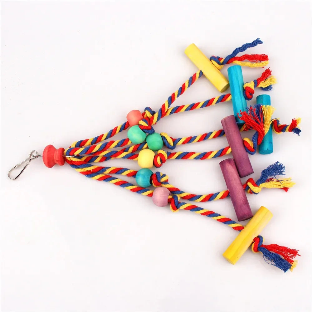Wood Bird Chewing Toy With Cotton Rope Parrots Training
