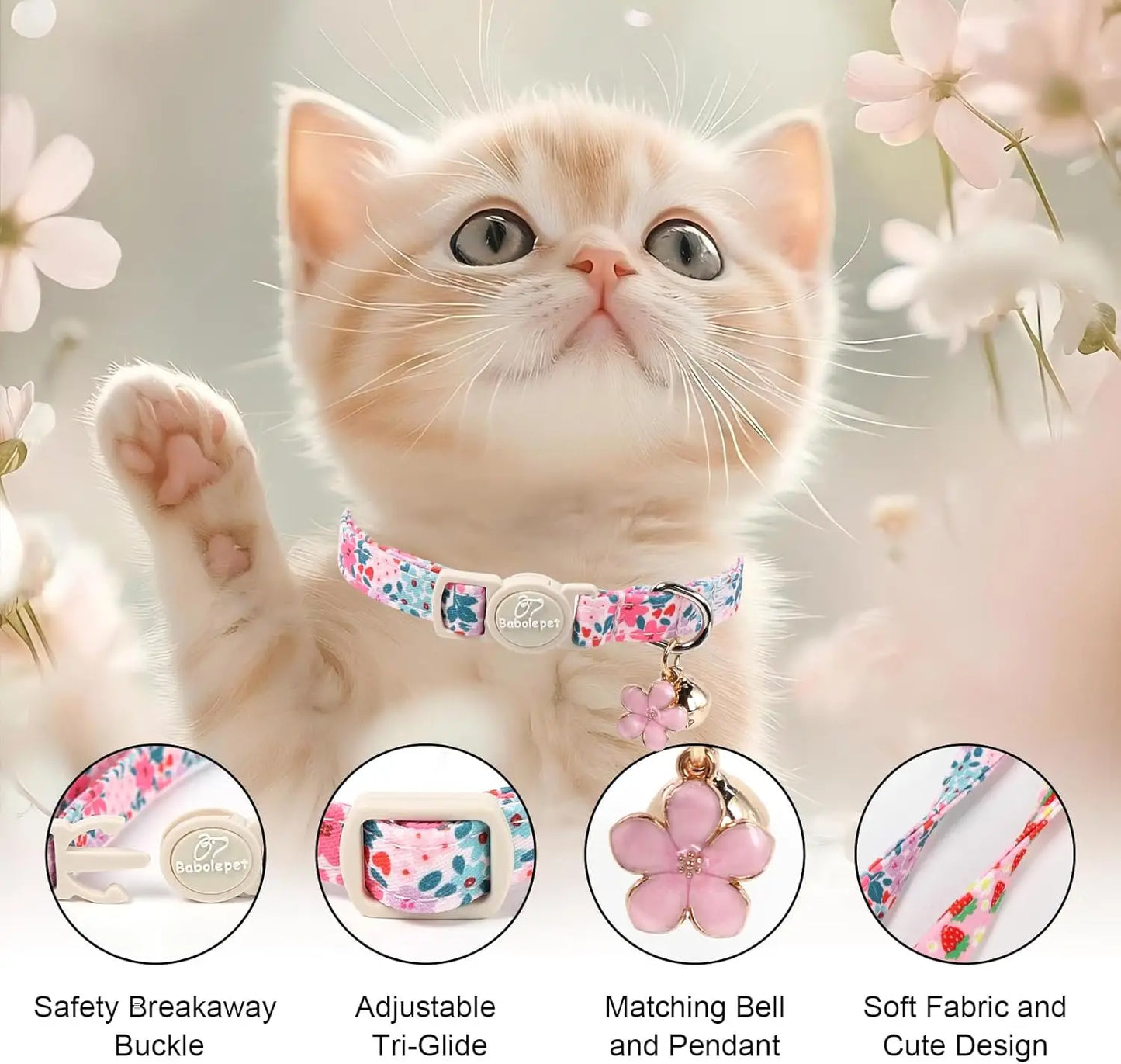 Two Pack Cotton Cat Collars With Bell Strawberry Flower Pendant