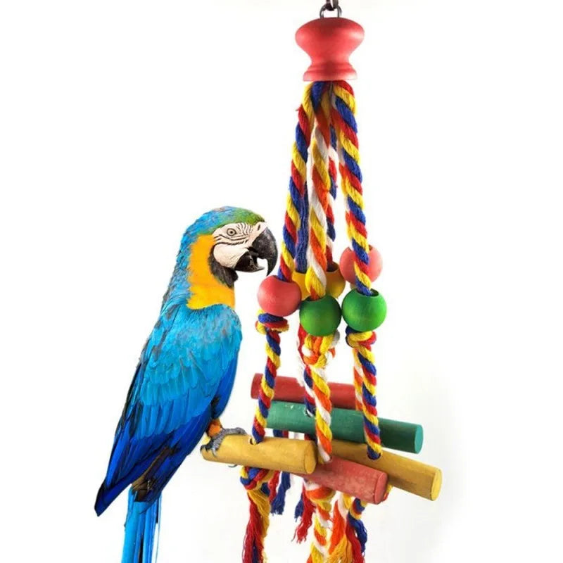 Wood Bird Chewing Toy With Cotton Rope Parrots Training