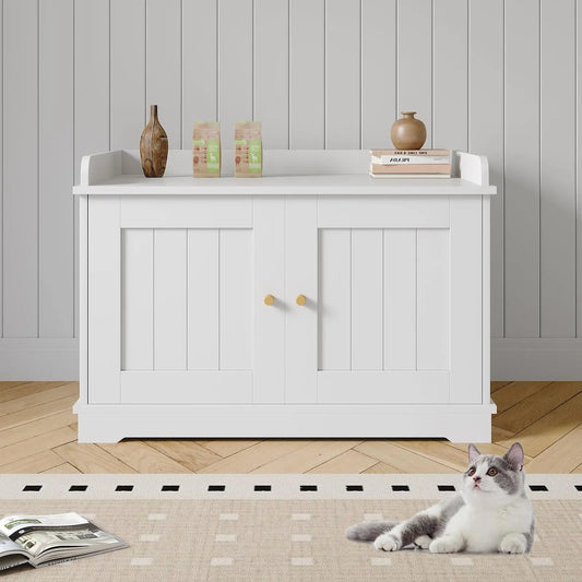 HiMiss Wooden Hidden Cat Litter Box Enclosure With Barn Door