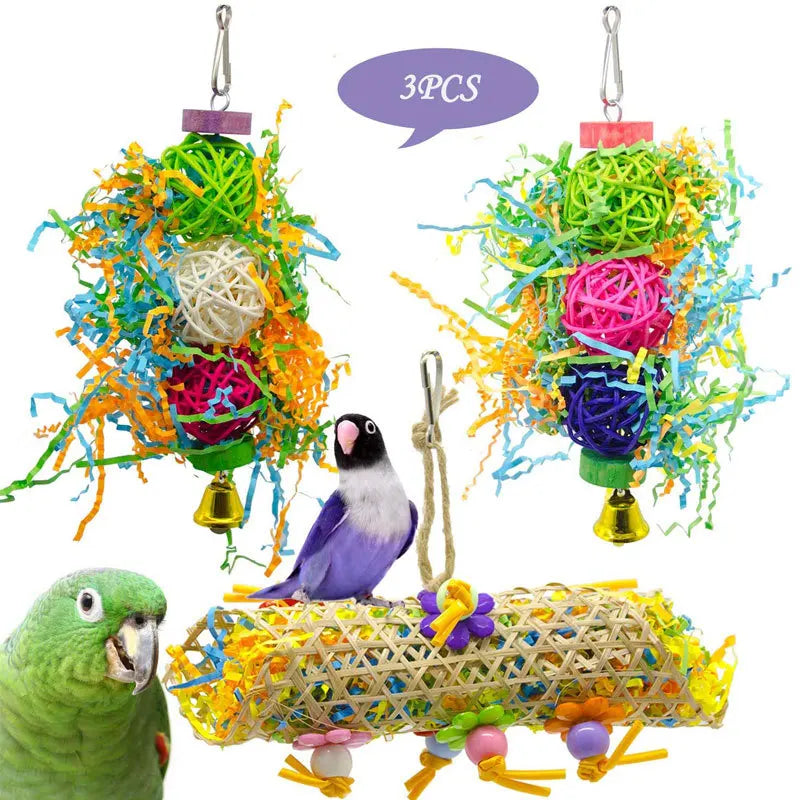 3pc Parrot Toy Set Paper String Chewing Cage Decor