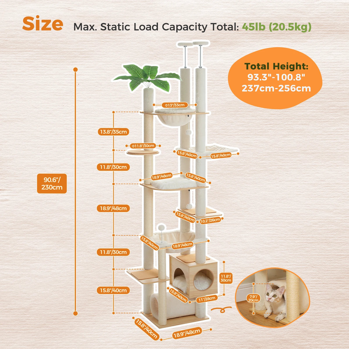 PAWZ Road Adjustable Height Wooden Cat Tower With Hammock