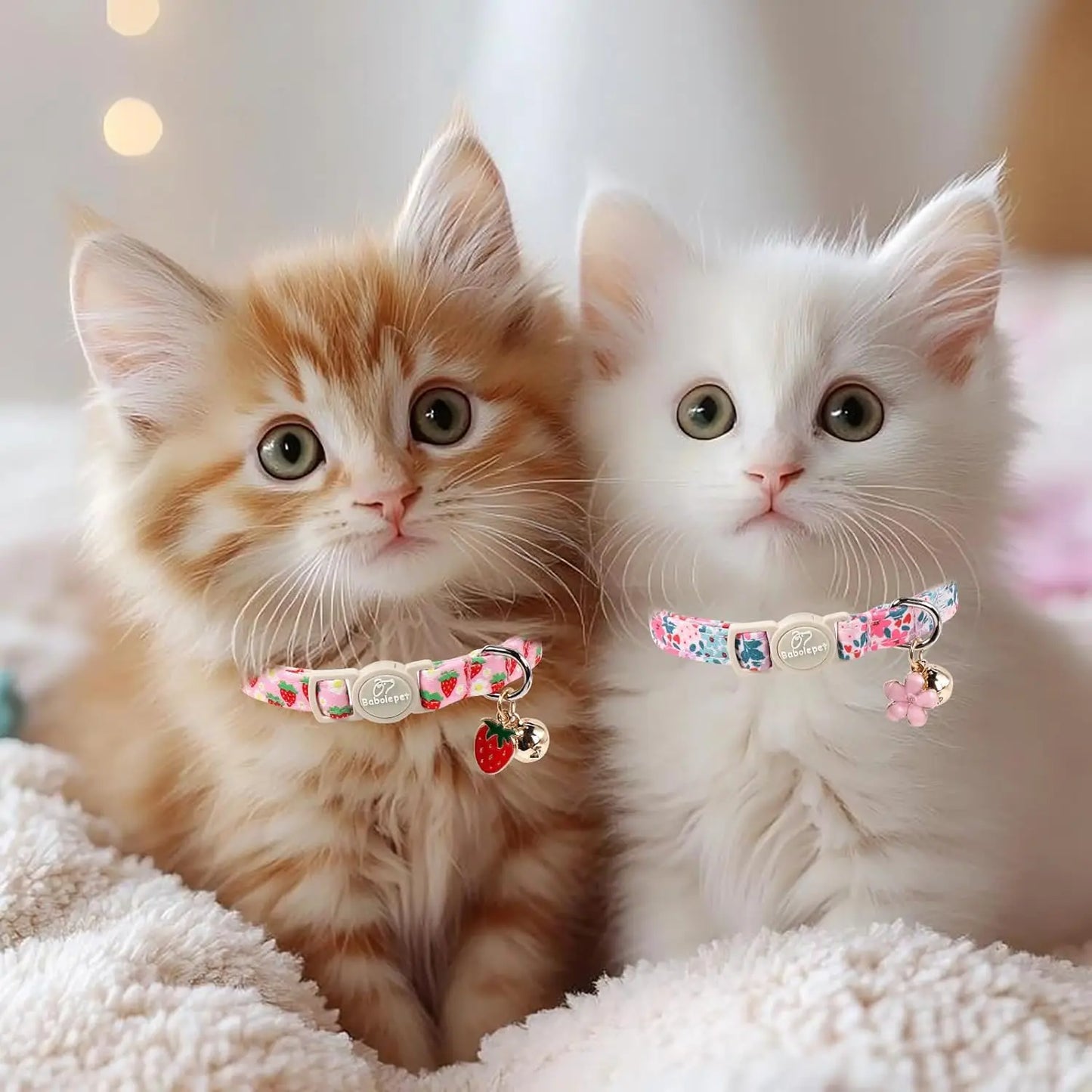 Two Pack Cotton Cat Collars With Bell Strawberry Flower Pendant