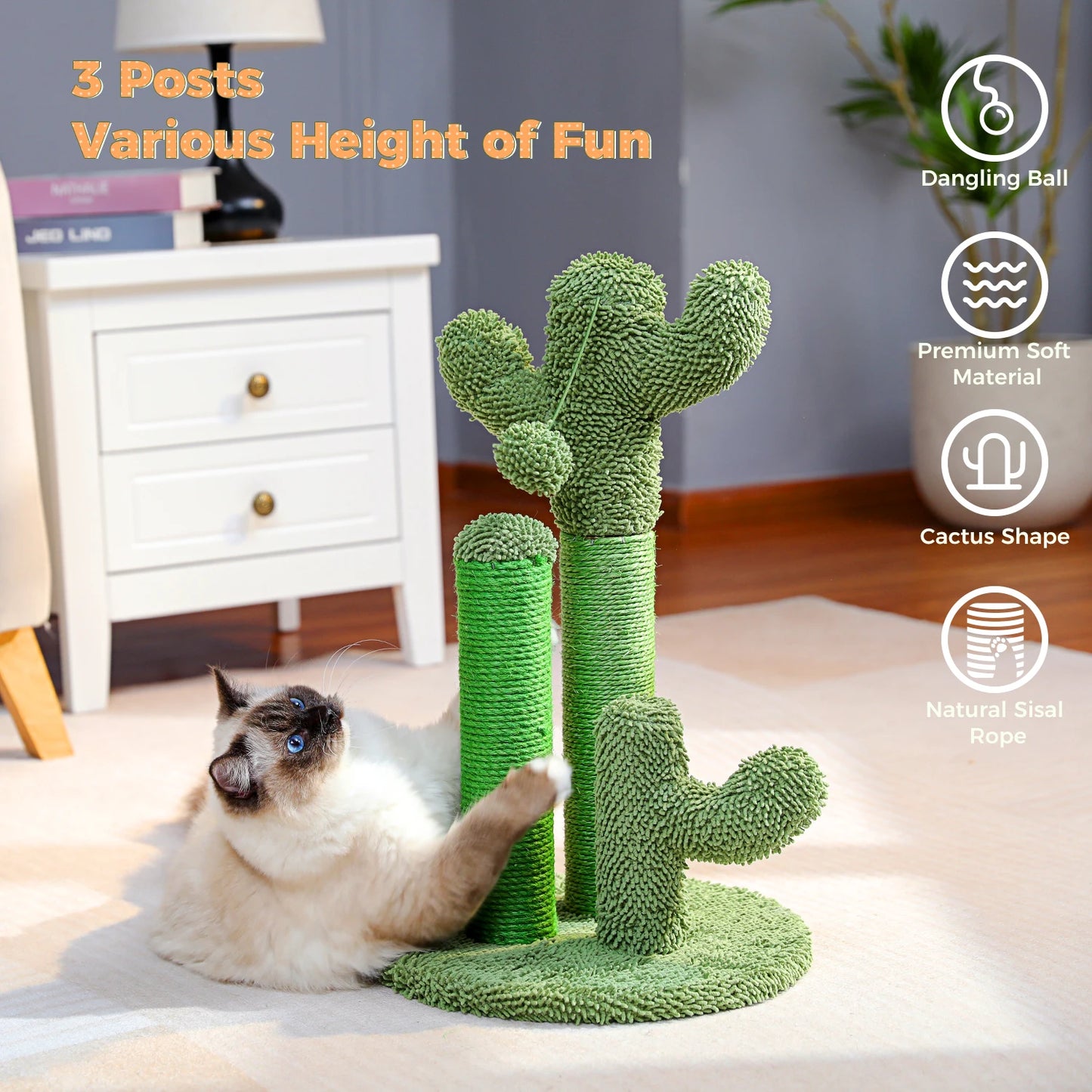 Cactus Cat Scratcher Post With 3 Scratching Poles